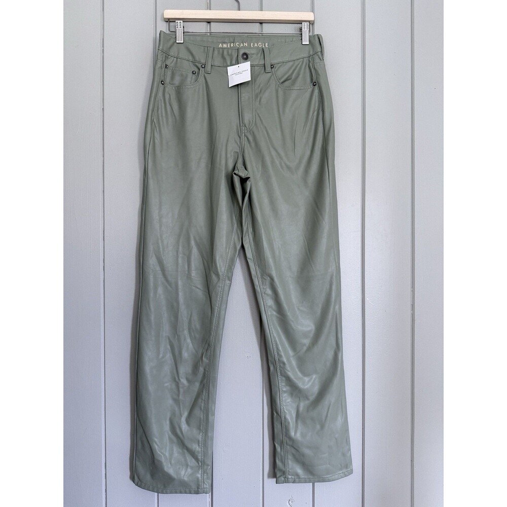 NWT American Eagle Pants 10 Faux Leather Sage Green Super High Rise Straight NEW
